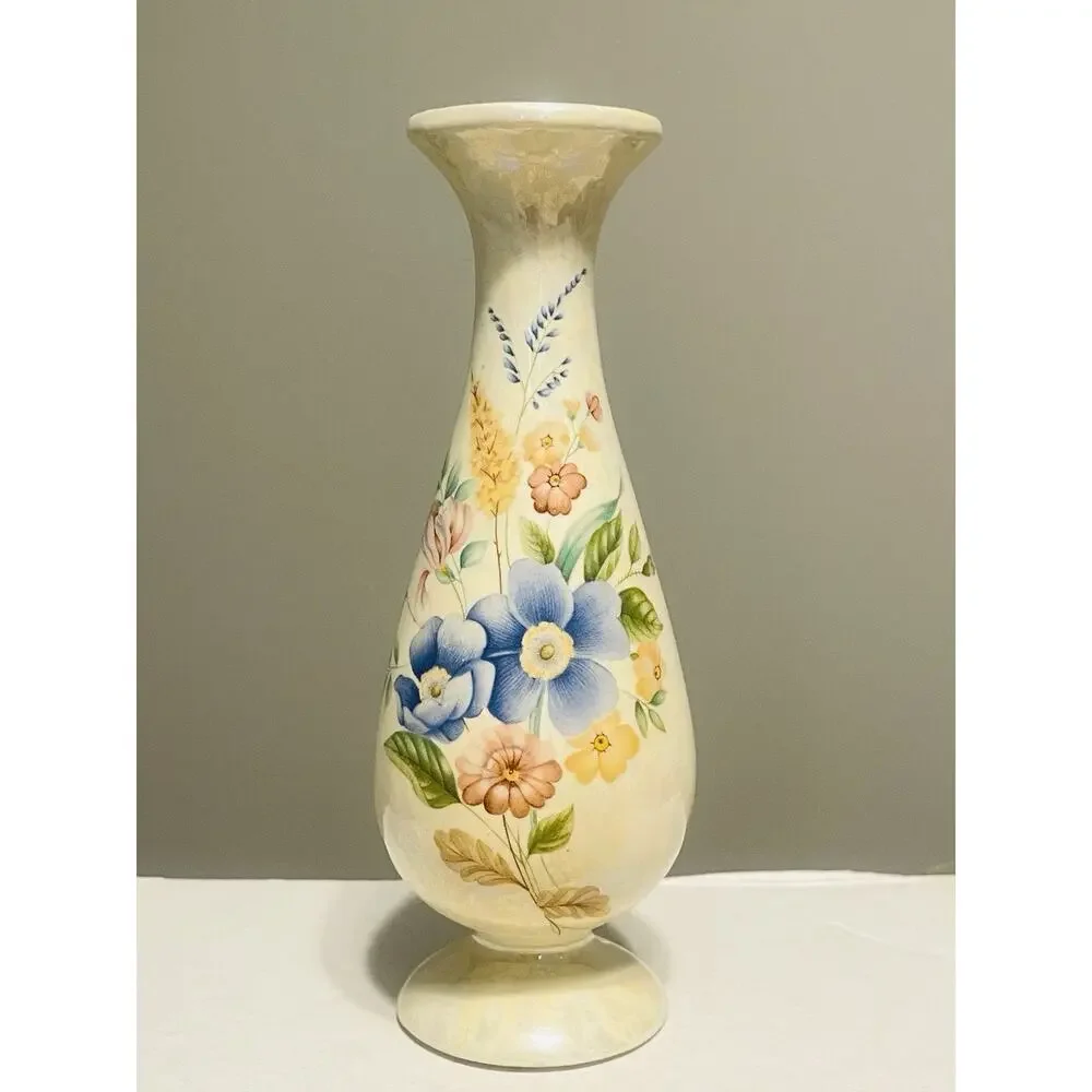 Vintage Mini Bud Vase Iridescent Pearl Lustre Painted Floral Pink Yellow Blue